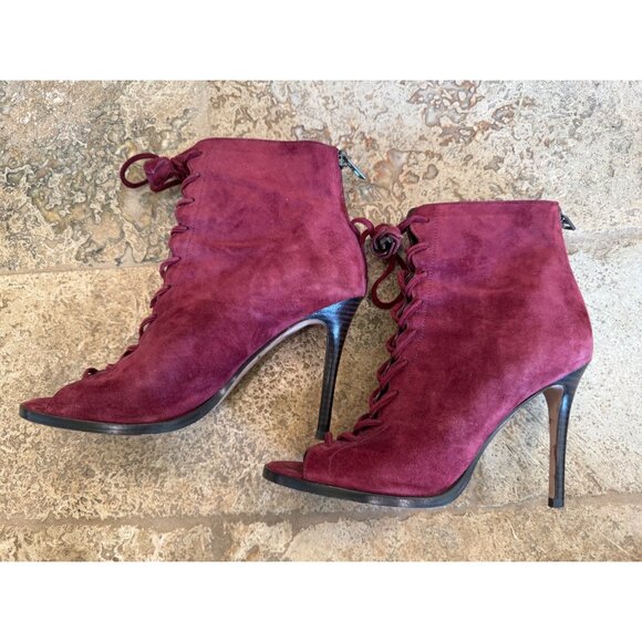 Coach Burgundy Suede Peep-Toe Lace-Up Stiletto Booties Size 9 - Picture 6 of 10